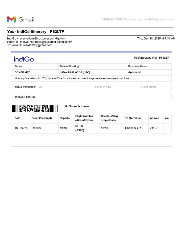 IndiGo Flight Itinerary P63LTP | PDF