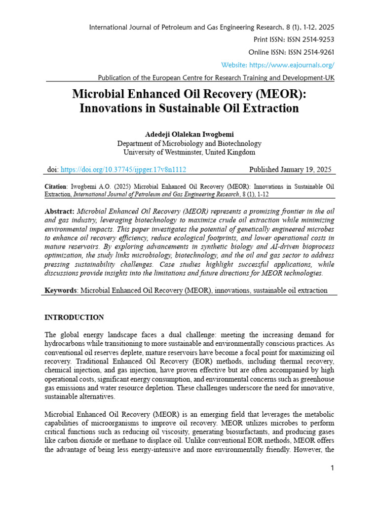 Innovations in Microbial Oil Recovery | PDF | Enhanced Oil Recovery ...