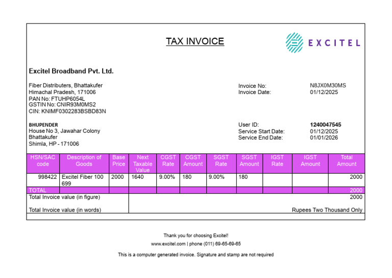 Excitel Broadband Tax Invoice Details | PDF