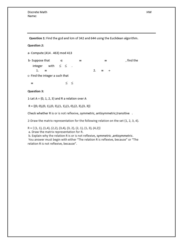 Discrete Math Homework: GCD, LCM, Relations | PDF