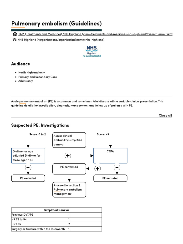 Pulmonary Embolism Management Guidelines | PDF | Blood Pressure ...