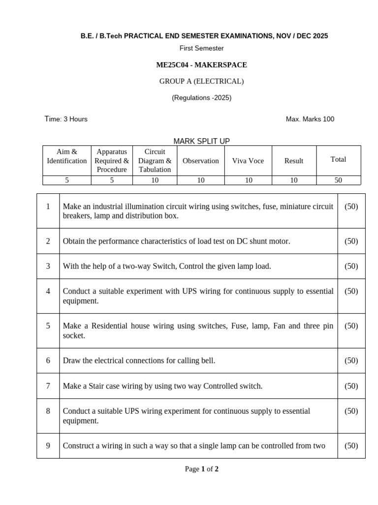 B.E. Electrical Wiring Practical Exam Guide | PDF | Fuse (Electrical ...