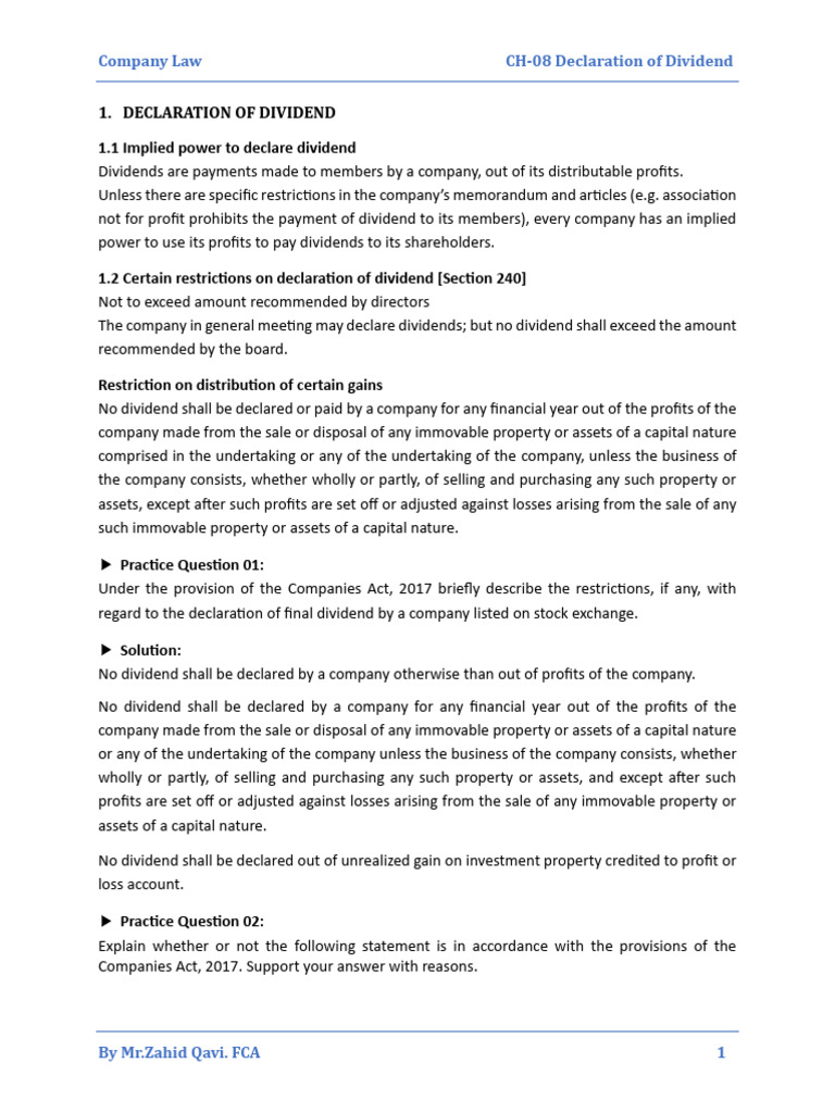Ch-8 Declaration of Dividend | PDF | Dividend | Business