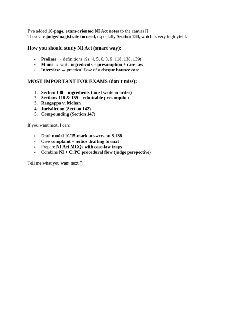 NI Act Exam Notes: Section 138 Focus | PDF