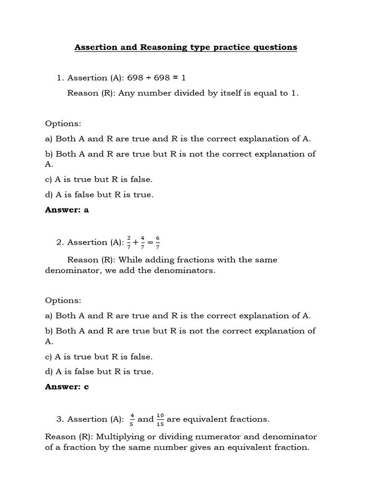 Assertion and Reasoning Practice Questions | PDF | Arithmetic | Mathematics