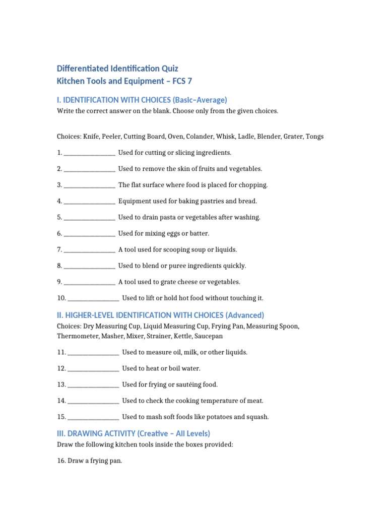 Kitchen Tools Identification Quiz | PDF