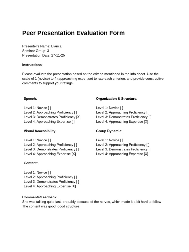 Peer Presentation Evaluation Form | PDF