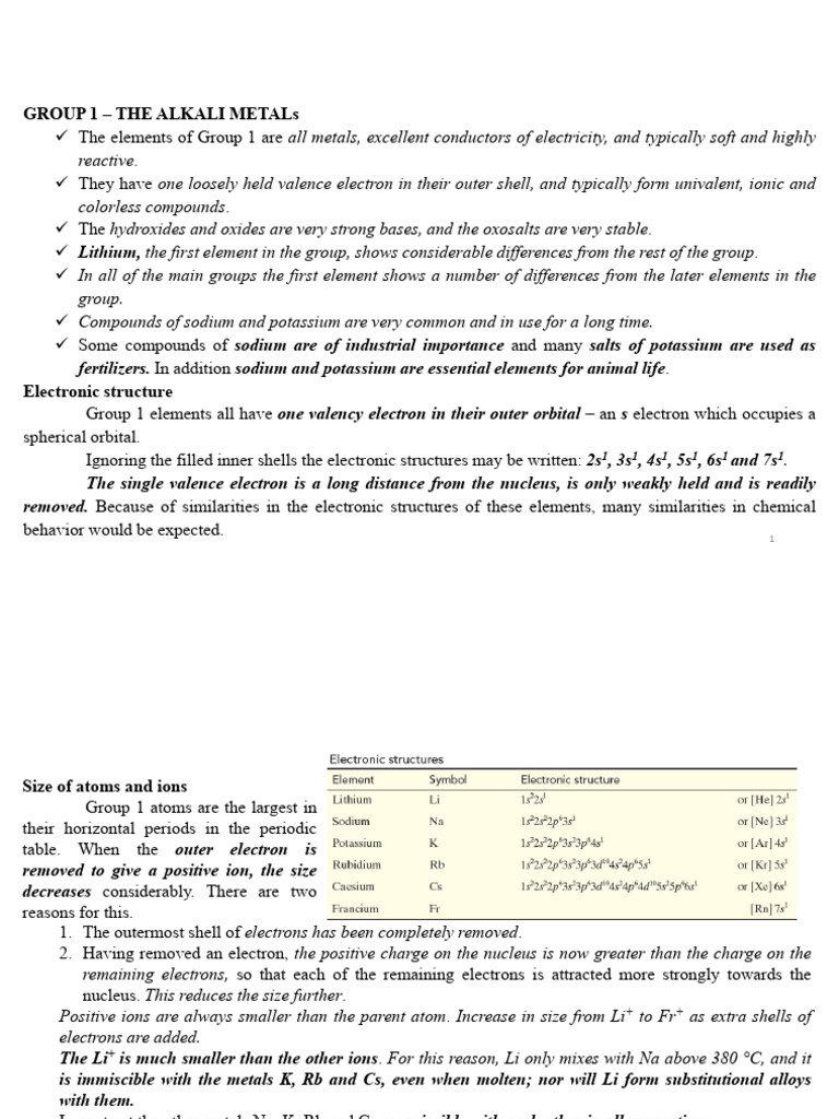 Overview of Group 1 Alkali Metals | PDF