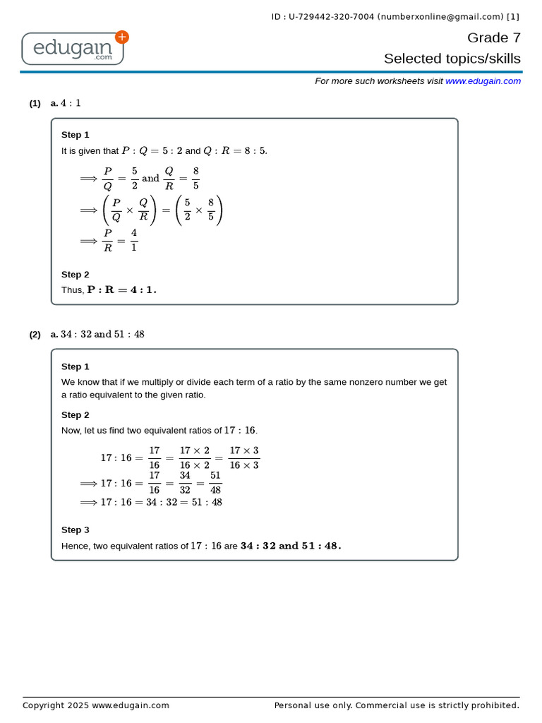 Grade 7 Ratio and Proportion Worksheets | PDF | Ratio | Mathematics
