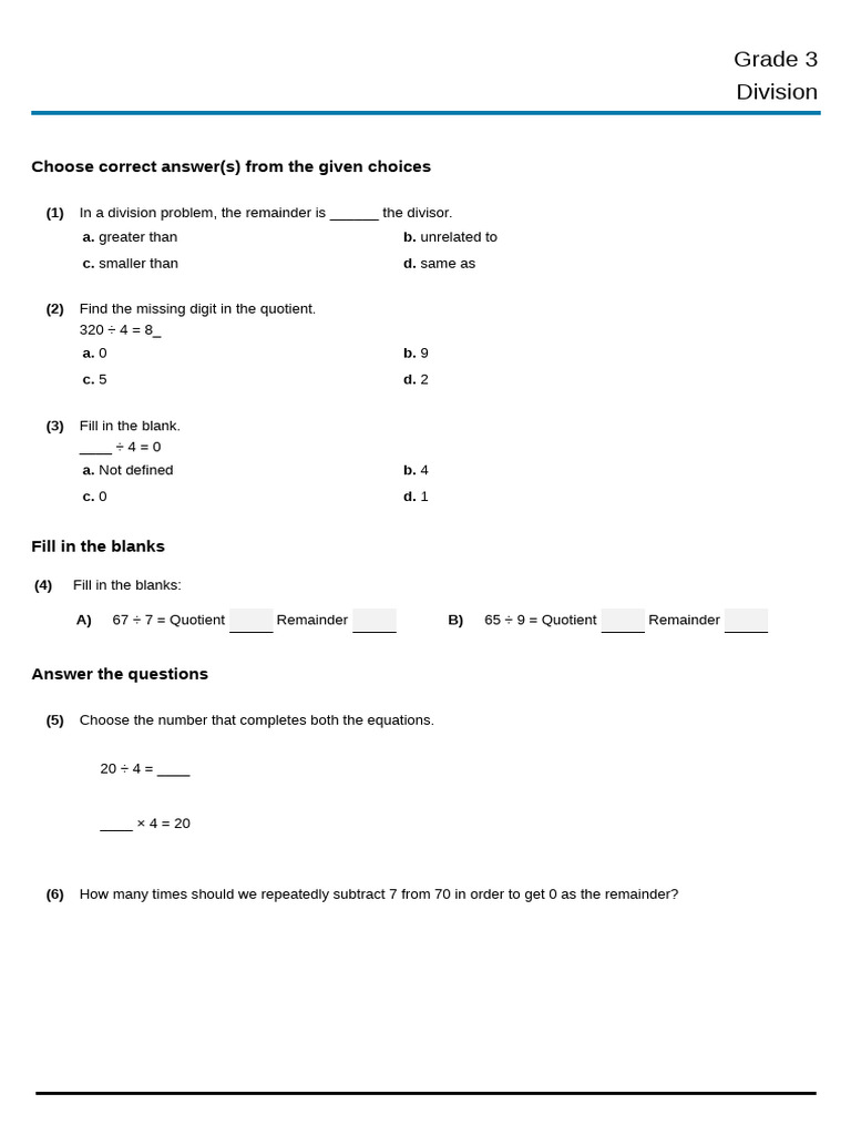 Maths Class III Division Practice Paper 05 2025 Q | PDF
