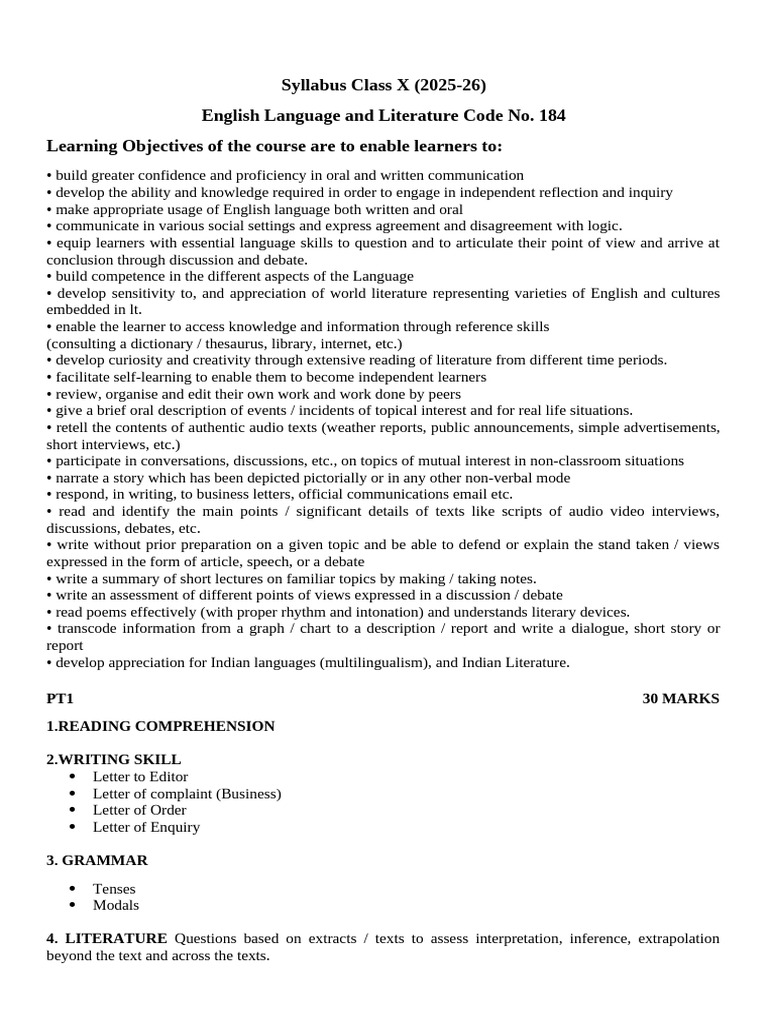 Class 10 English Language and Literature Syllabus 2025-26 VARSHA | PDF ...