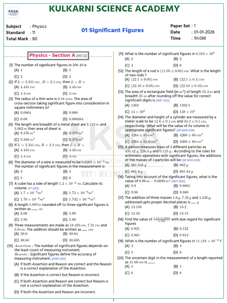 Physics MCQ on Significant Figures | PDF | Significant Figures ...