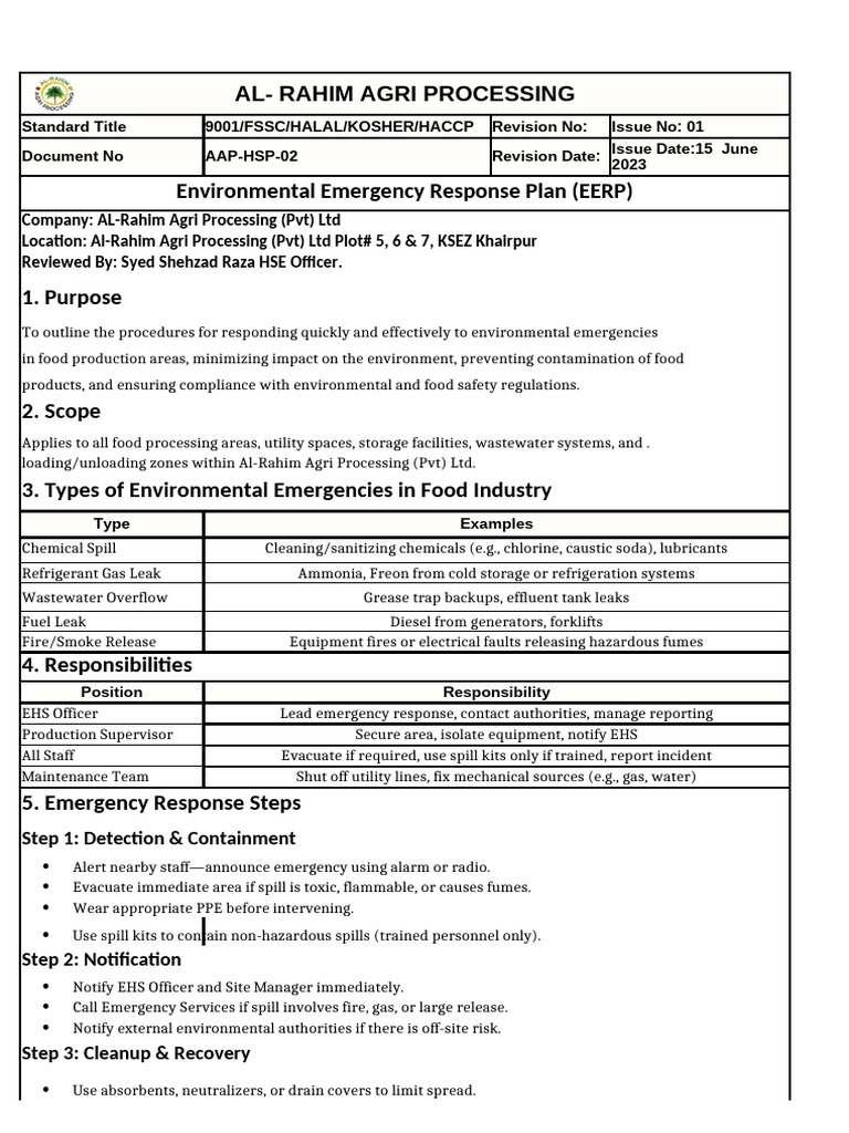 Environmental Emergency Response Plan | PDF | Emergency | Safety