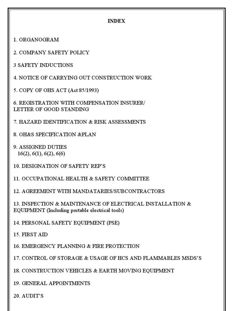 Index. of Safety File PDF Occupational Safety And Health Prevention