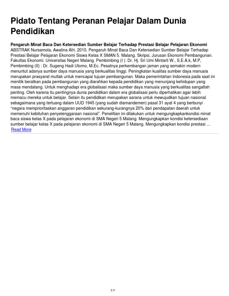 Pidato Tentang Peranan Pelajar Dalam Dunia Pendidikan