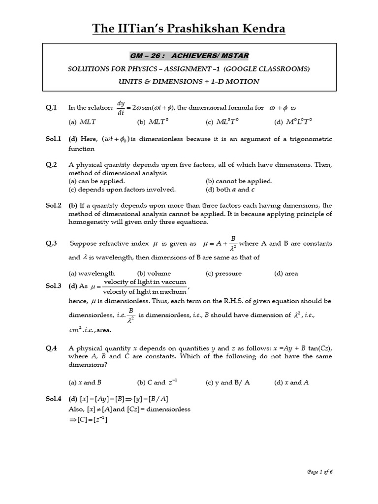 IIT Physics Assignment on Dimensions and Motion | PDF | Applied And ...