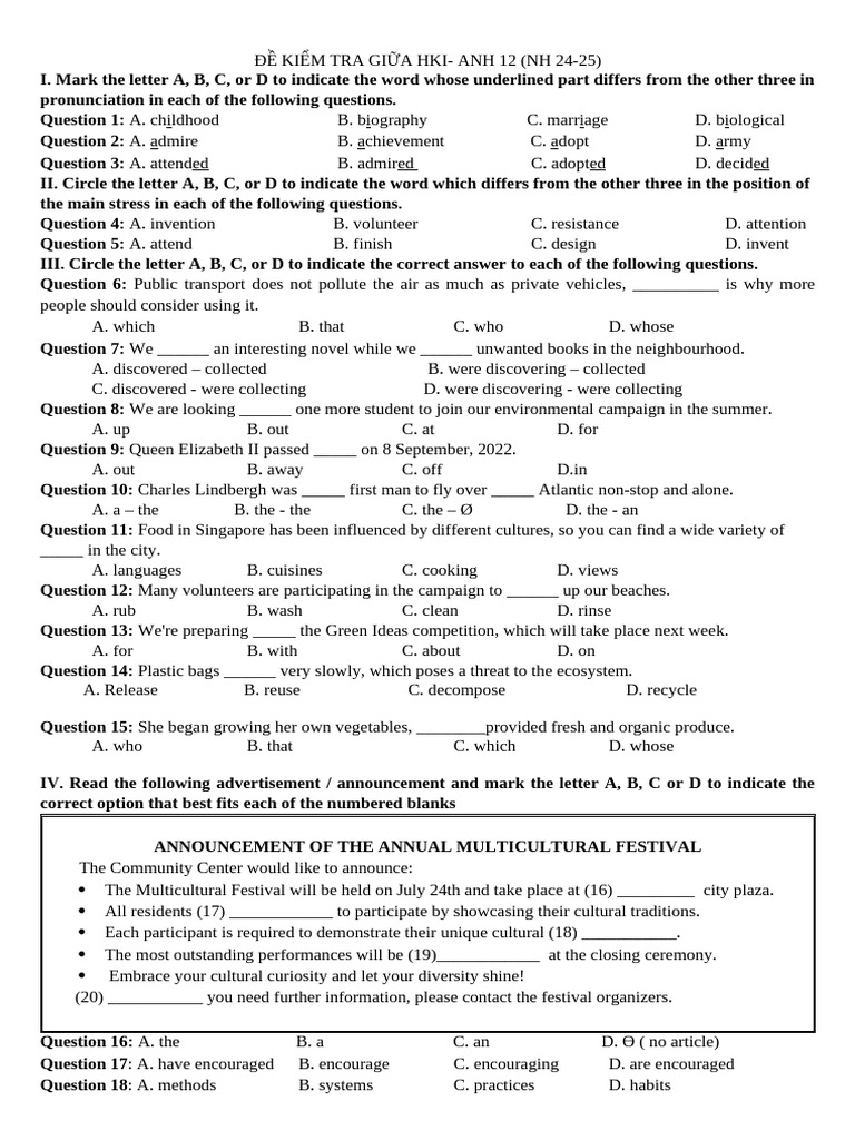 English Test Paper for Grade 12 Students | PDF | Waste | Waste Management