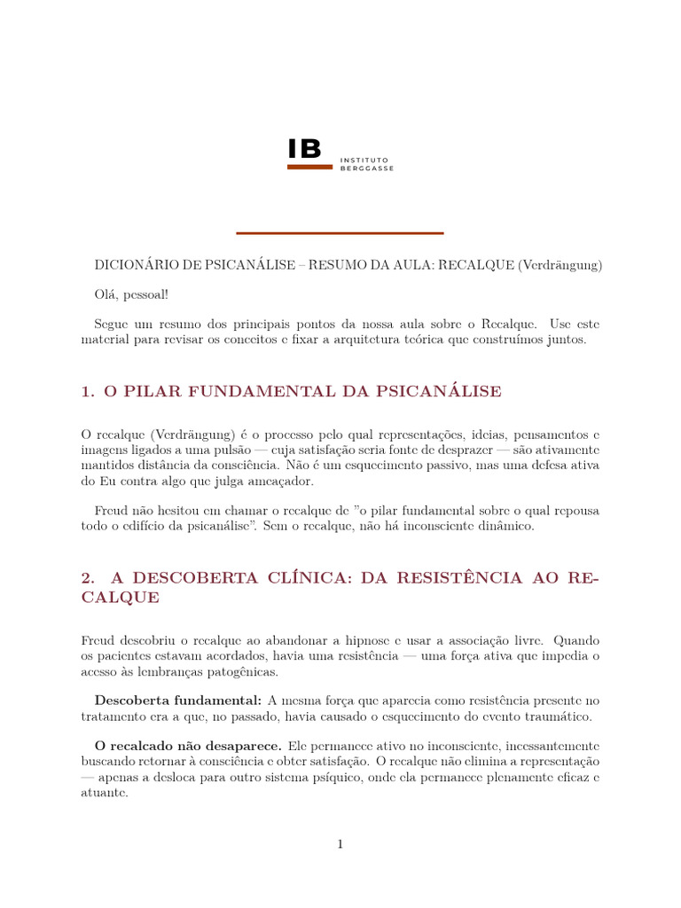 Recalque: Pilar da Psicanálise Freudiana | PDF | Psicanálise | Mente ...