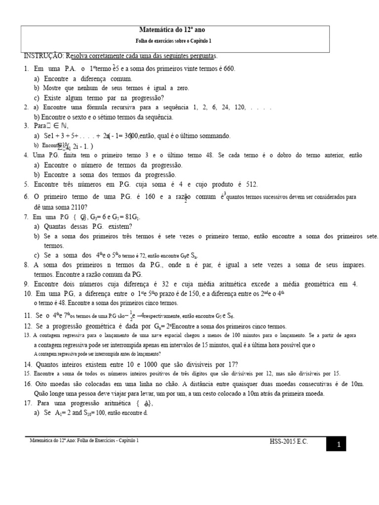 Exercícios de Matemática do 12º Ano | PDF | Sequência | Aritmética