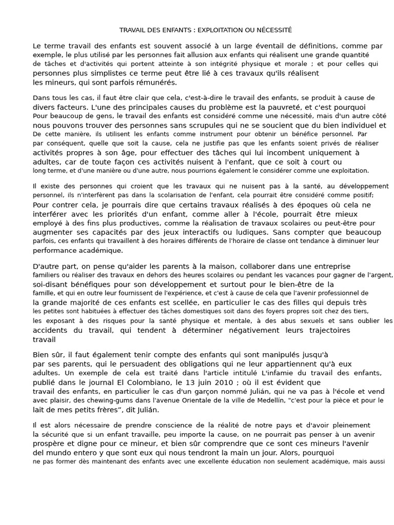 Travail des enfants : nécessité ou exploitation ? | PDF | Travail des ...