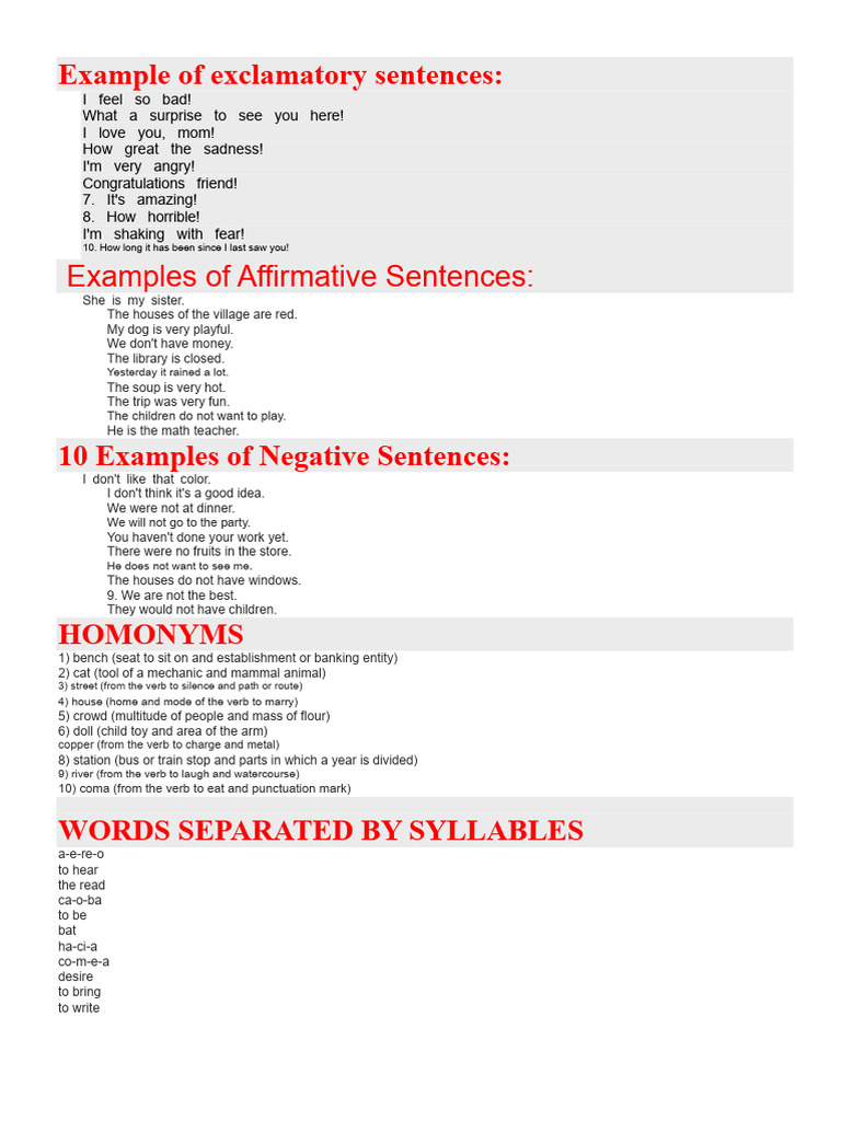 Examples of Sentences and Words | PDF | Linguistics