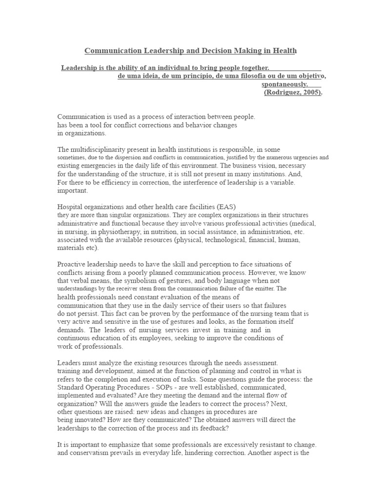 Communication Leadership and Decision Making in Health Introduction ...