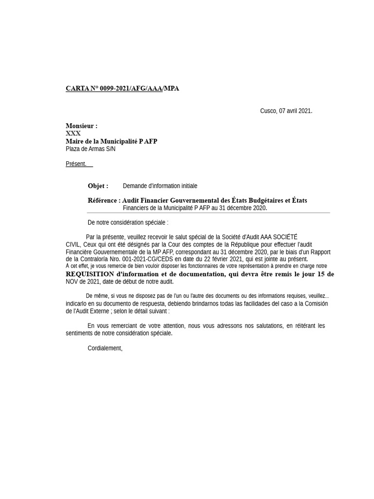 Demande d'Informations Audit 2020 MP AFP | PDF | Comptabilité | Budget