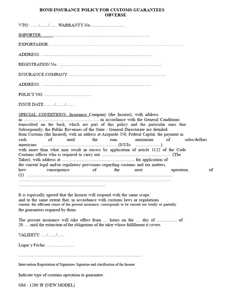 Surety Insurance Policy For Customs Guarantees | PDF | Insurance | Surety