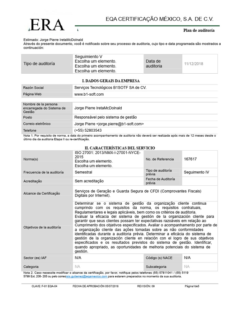EQA - Plano de Auditoria ISO 27001 - 2013 Acompanhamento - V | PDF ...