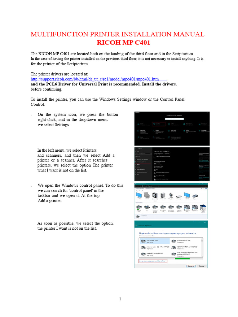 RICOH MP C401 Printer Setup Guide | PDF