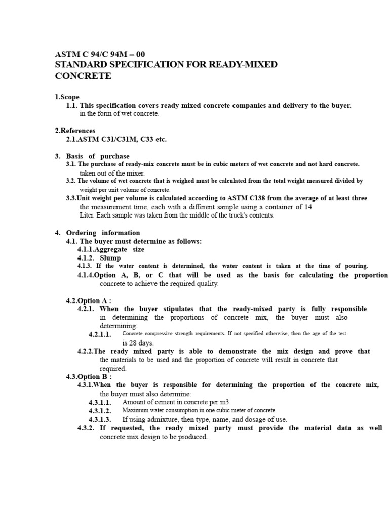 ASTM C 94: Ready-Mixed Concrete Standards | PDF | Concrete | Materials
