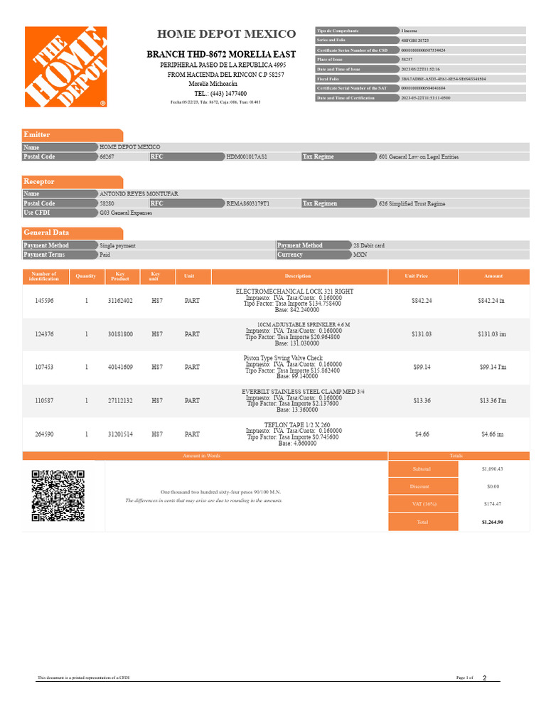 CFDI Invoice from Home Depot Mexico | PDF | Payments | Money
