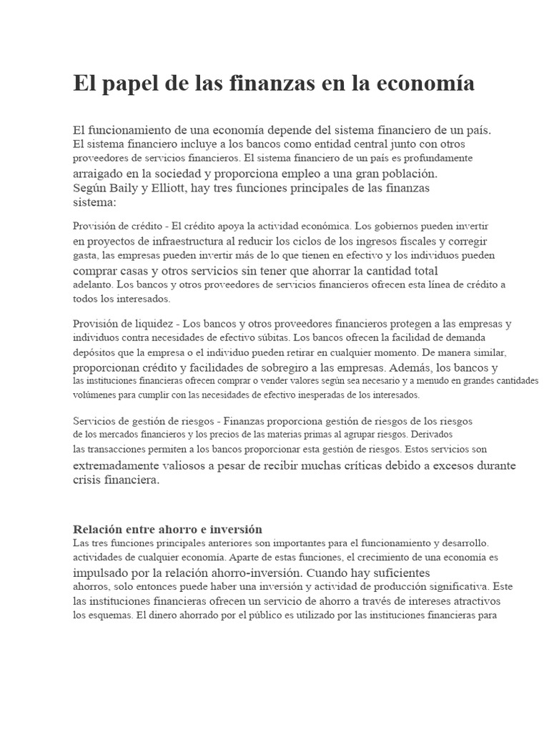 El Papel de Las Finanzas en La Economía | PDF | Bancos | Sistema financiero