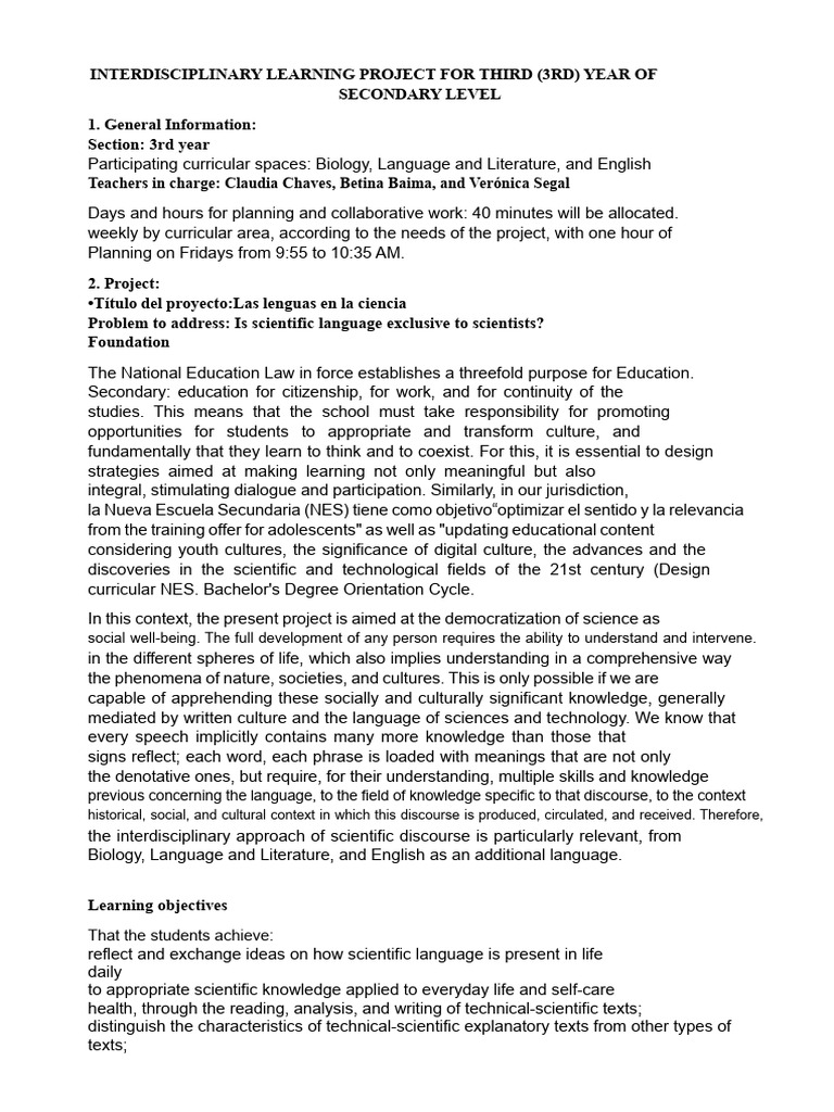 INTERDISCIPLINARY LEARNING PROJECT 3rd Year - Scientific Language | PDF ...
