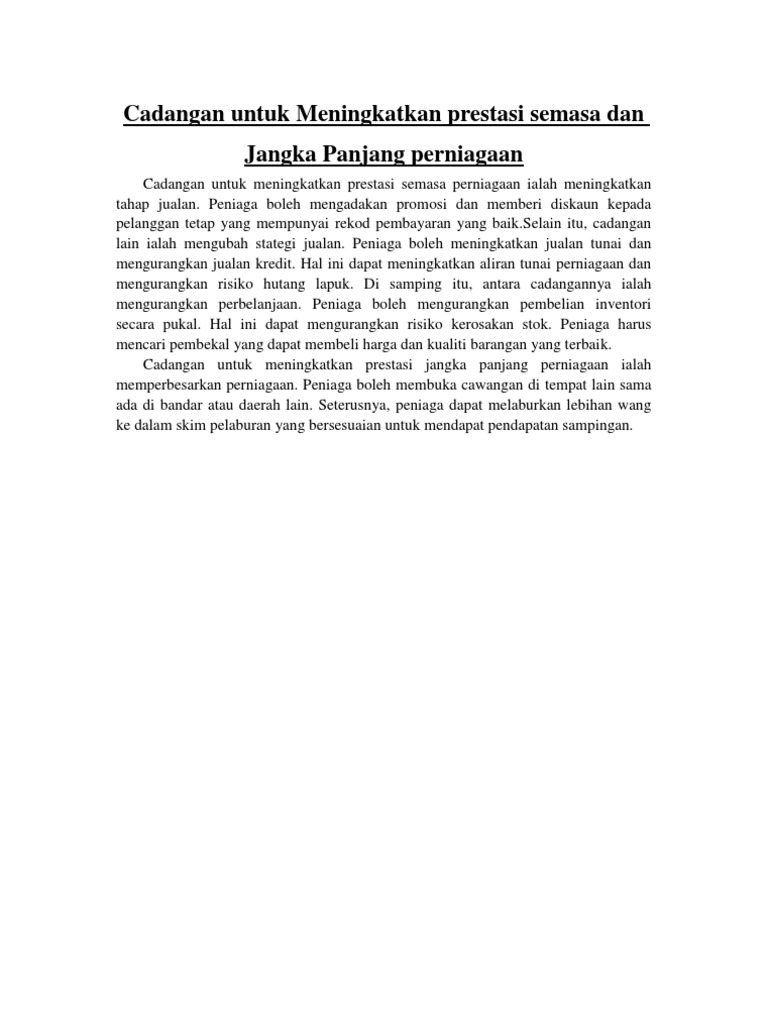 Cadangan Untuk Meningkatkan Prestasi Semasa Dan Jangka Panjang Perniagaan Pdf