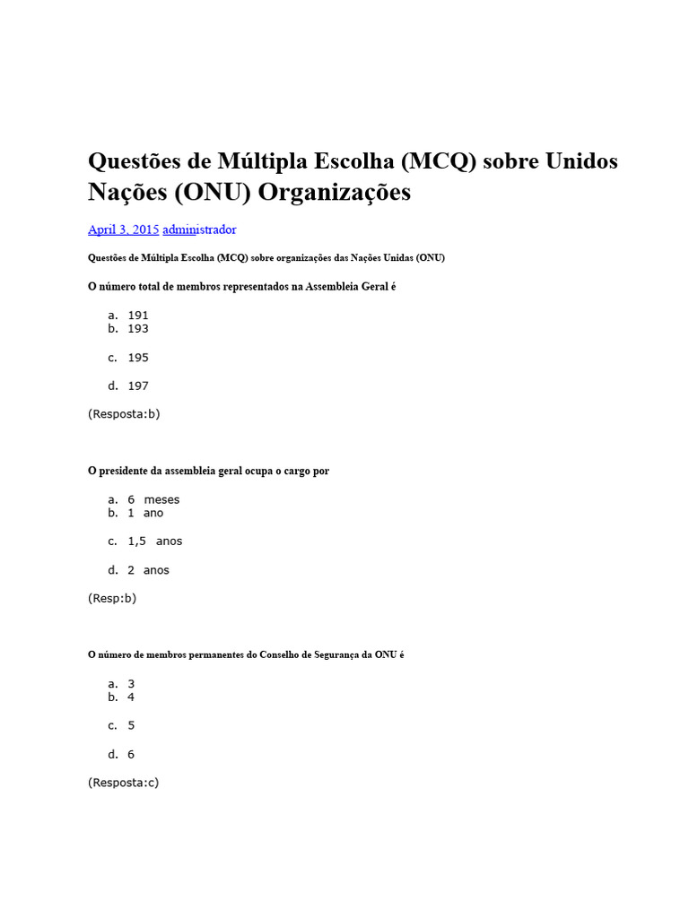 Questões de MCQ sobre a ONU e Organizações | PDF | Nações Unidas ...