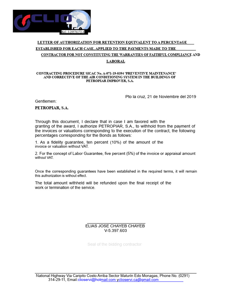 FORMAT I.7 Authorization Letter For Retention Equivalent To A ...