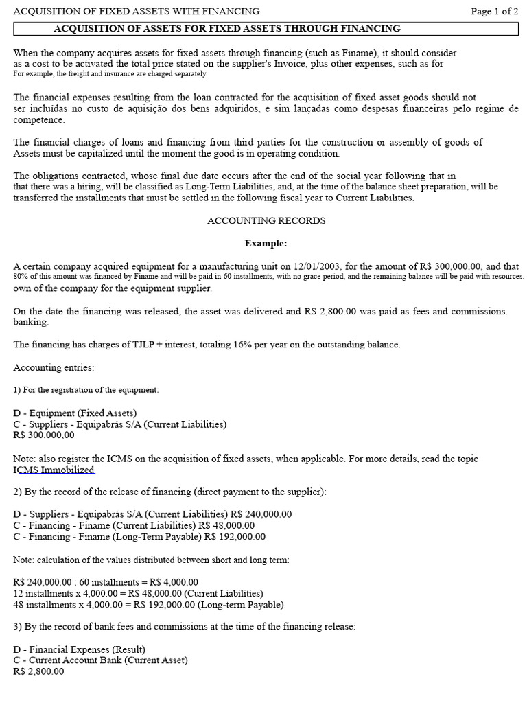 Fixed Asset Acquisition Financing Guide | PDF | Expense | Mergers And ...