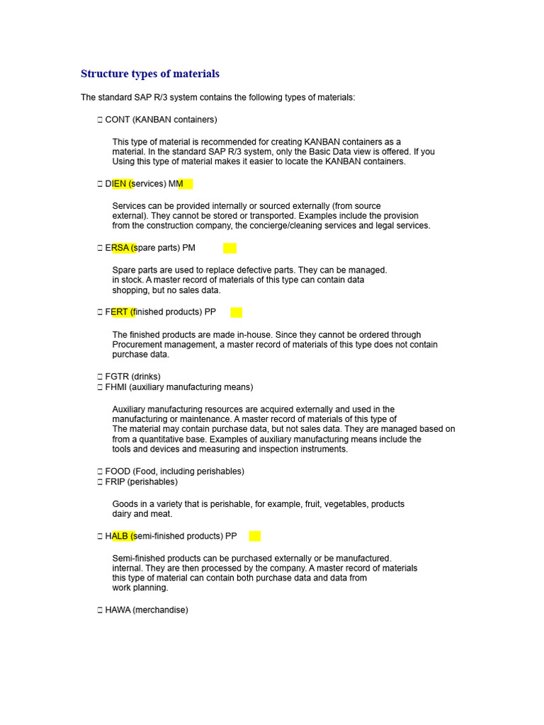 Types of Materials in SAP R/3 System | PDF