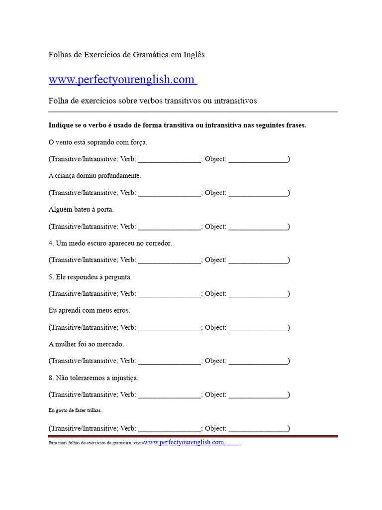Exercícios de Verbos Transitivos e Intransitivos | PDF | Objeto (gramática)