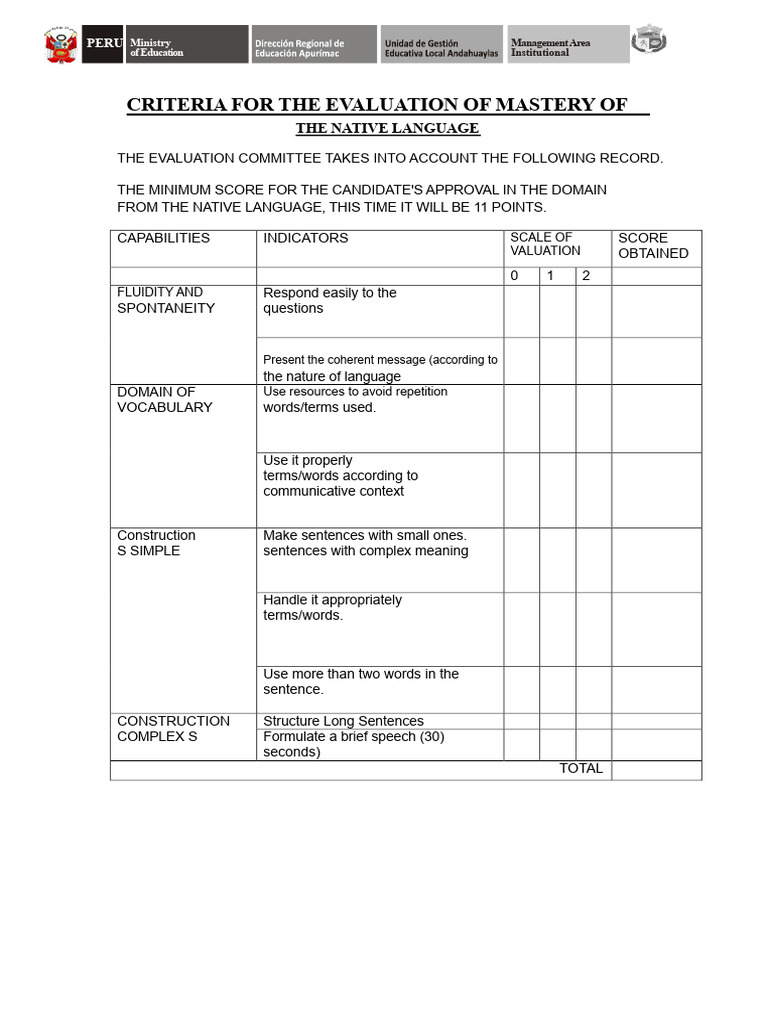 Criteria For The Evaluation of Mastery of The Native Language | PDF ...