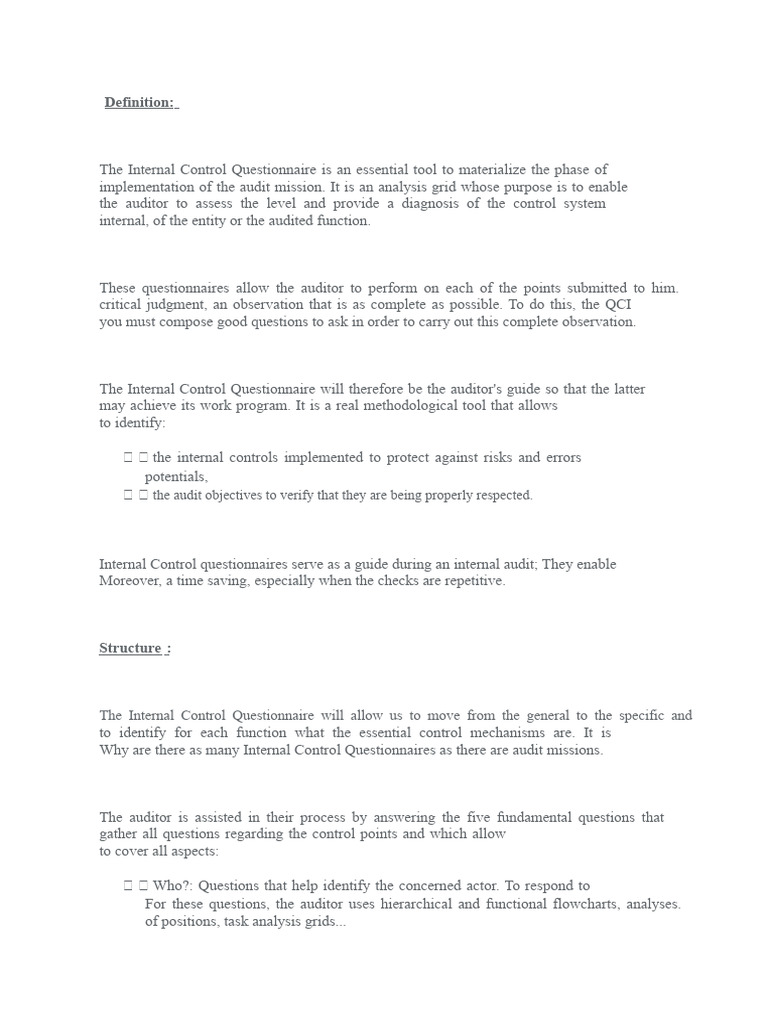 Internal Control Questionnaire Guide | PDF | Internal Control | Audit