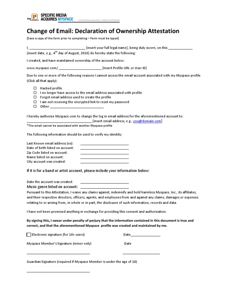 Declaration of Ownership Myspace PDF