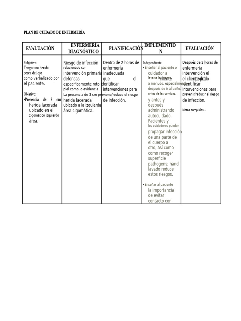 Plan de Cuidado para Prevención de Infecciones | PDF | Enfermería | Herida