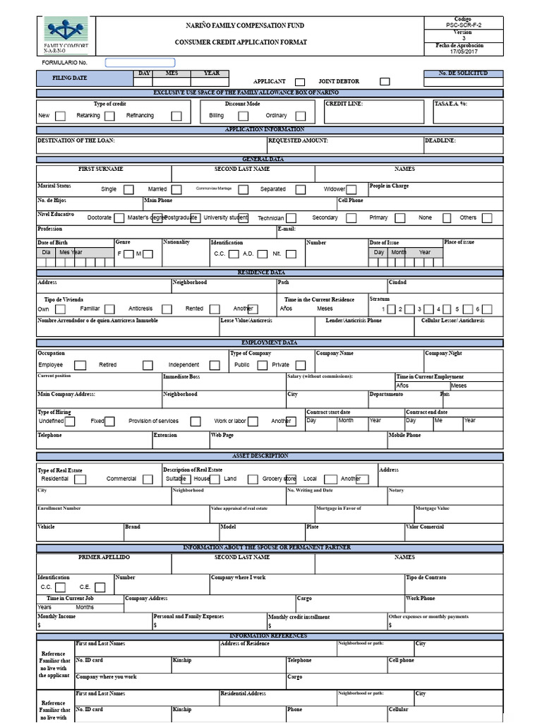 Nariño Family Credit Application Form | PDF | Expense | Debt