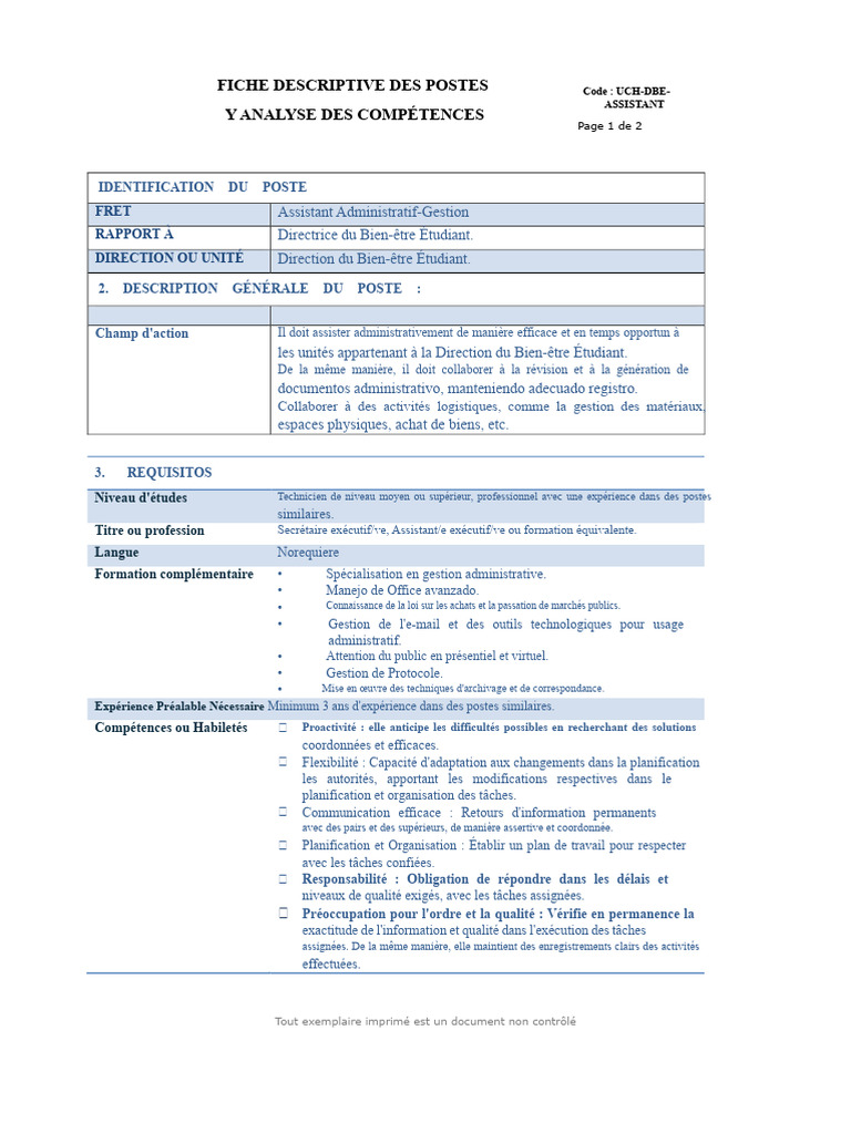 Fiche de Poste : Assistant Administratif | PDF | Planification