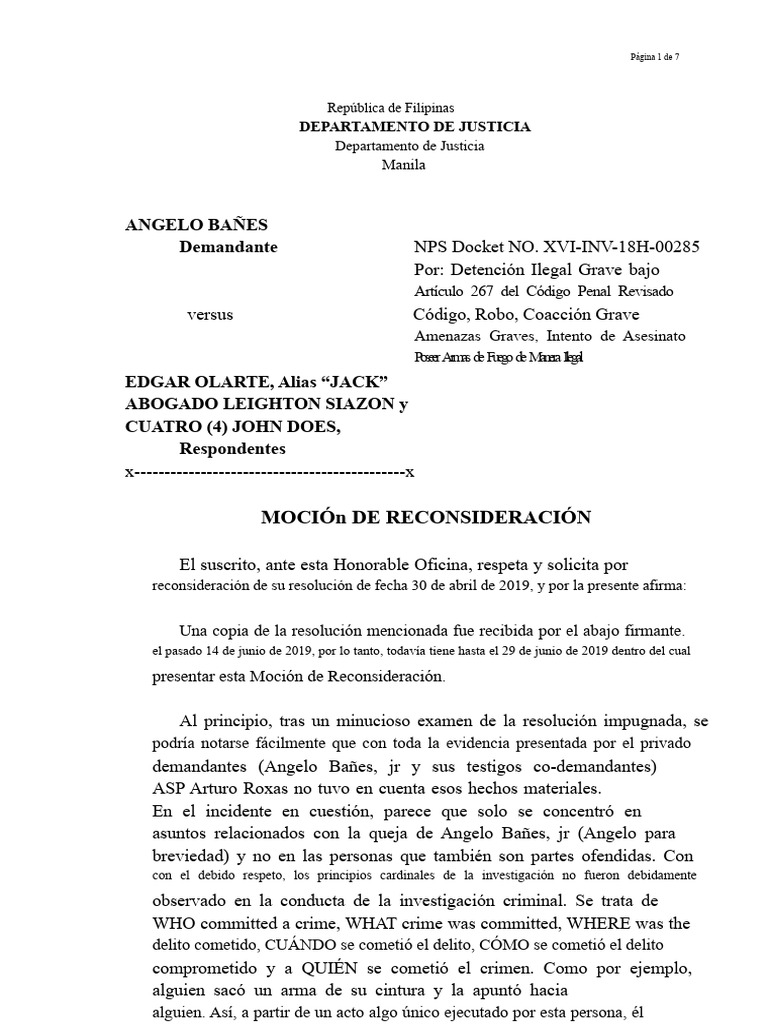 Moción de Reconsideración en Caso Penal | PDF | Crímenes | Crimen y ...