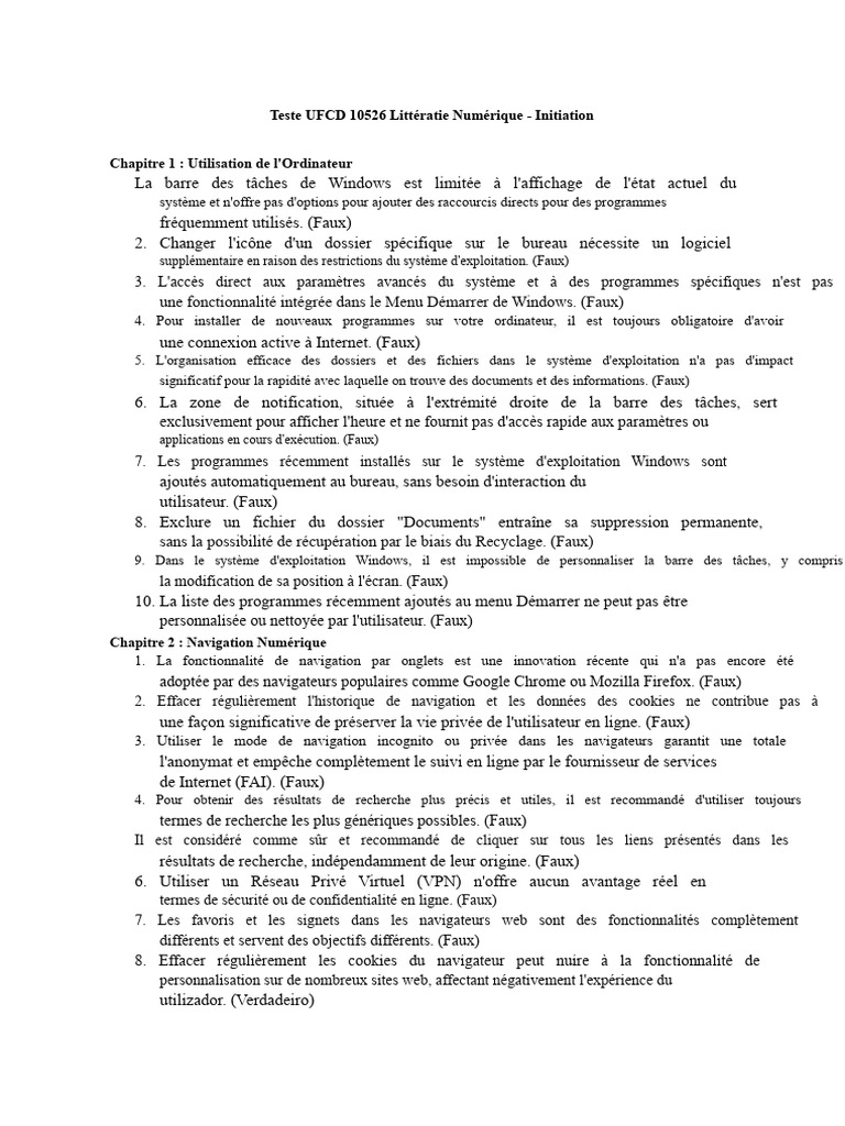 Test UFCD 10526 : Littératie Numérique | PDF | Système d'exploitation ...