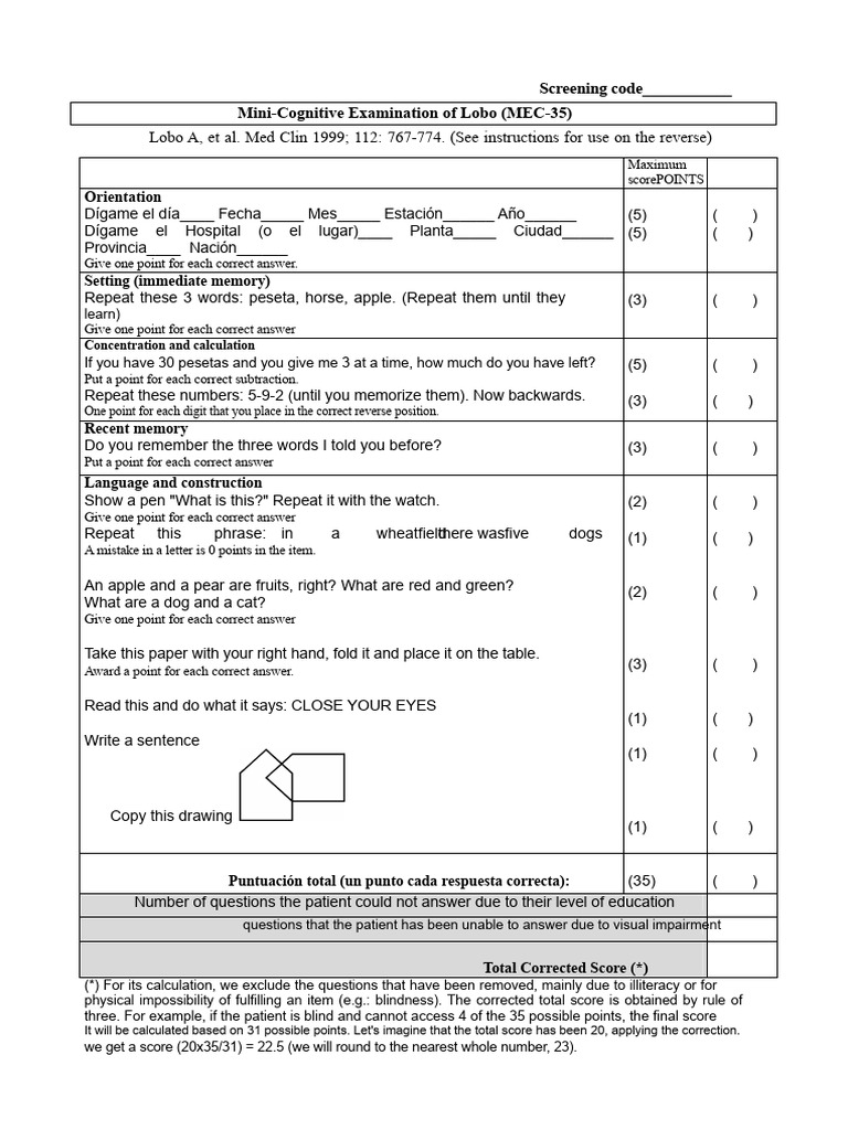 Mini-Cognitive-Exam-of-Wolf_MEC-35 | PDF | Visual Impairment | Memory