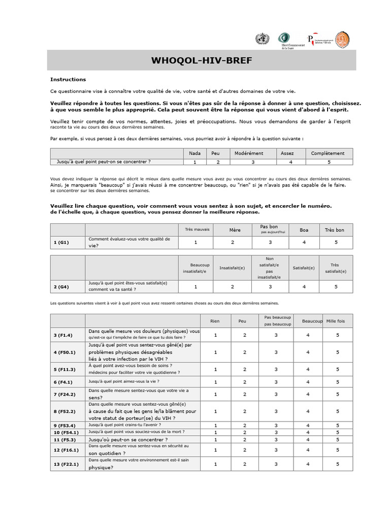 Questionnaire WHOQOL-HIV-BREF | PDF